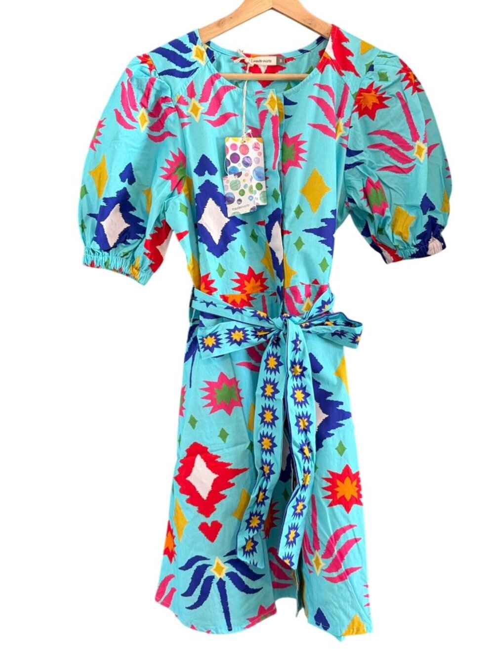 Maude Vivante Skyla Aqua Ikat Button Front Cotton Dress Size Small NWT